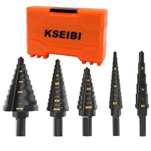 kseibi step drill bit set 5 pieces pack high speed steel black oxide m2 multiple hole 50 sizes 1/8-1-3/8 inch sae standard drill attachment (ks-575105)
