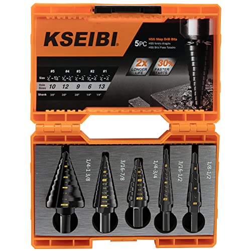 KSEIBI Step Drill Bit Set 5 Pieces Pack High Speed Steel Black Oxide M2 Multiple Hole 50 Sizes 1/8-1-3/8 inch SAE Standard Drill Attachment (KS-575105)