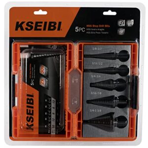 KSEIBI Step Drill Bit Set 5 Pieces Pack High Speed Steel Black Oxide M2 Multiple Hole 50 Sizes 1/8-1-3/8 inch SAE Standard Drill Attachment (KS-575105)