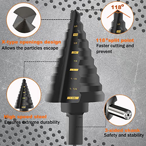 KSEIBI Step Drill Bit Set 5 Pieces Pack High Speed Steel Black Oxide M2 Multiple Hole 50 Sizes 1/8-1-3/8 inch SAE Standard Drill Attachment (KS-575105)