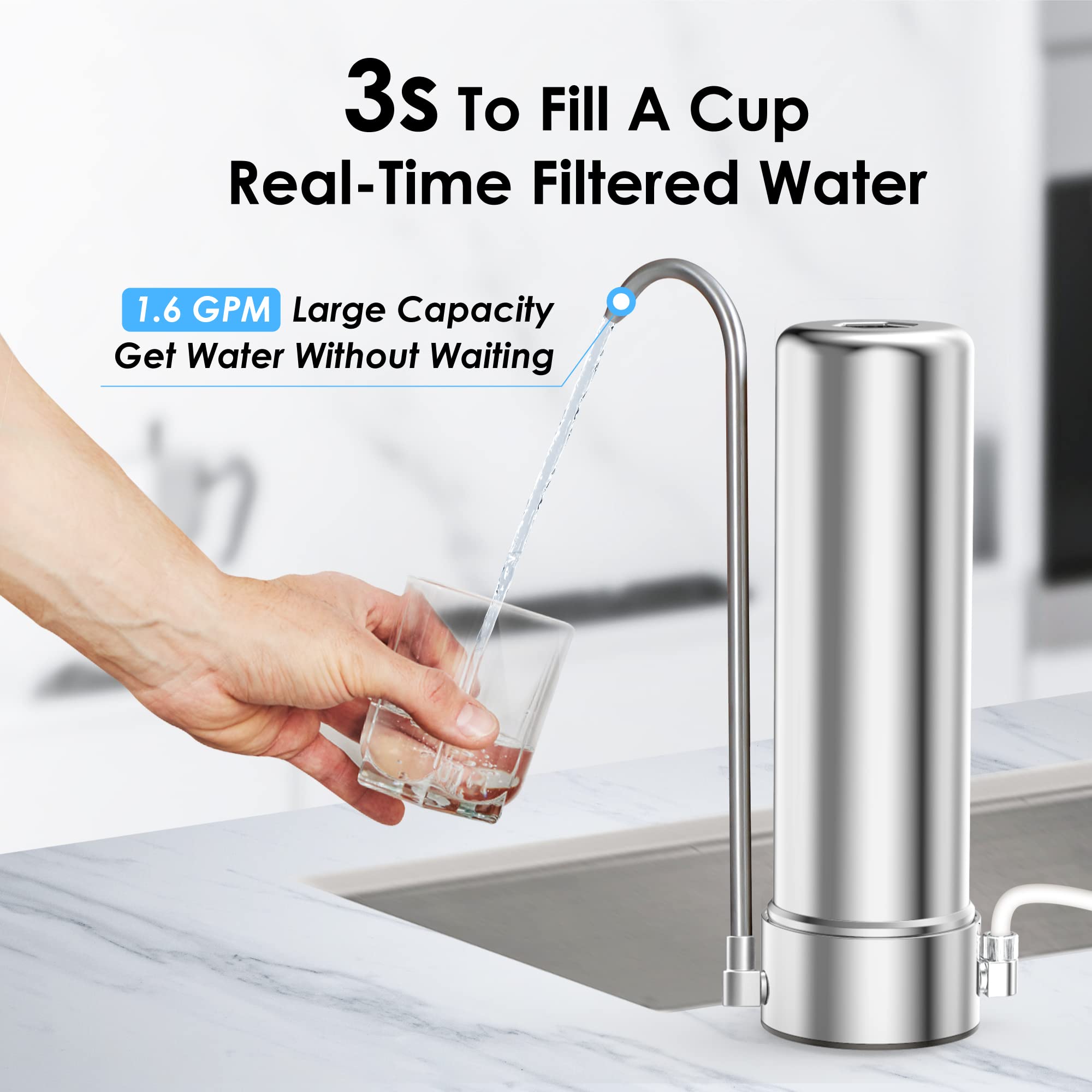 Waterdrop Countertop Water Filter, NSF/ANSI 42&372 Certified,5-Stage Stainless Steel Faucet Water Filter for 8000 Gallons, Reduces Heavy Metals, Bad Odor and 99% Chlorine,WD-CTF-01(1 Filter Included)