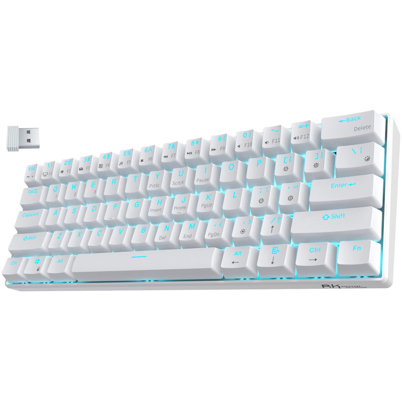 RK ROYAL KLUDGE RK61 Wireless 60% Triple Mode BT5.0/2.4G/USB-C Mechanical Keyboard, 61 Keys Wireless Mechanical Keyboard, Compact Gaming Keyboard with Software (Hot Swappable Red Switch, White)