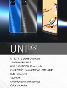 Uniqcell UNI 10X | Android Cell Phone | 6.55" HD+INCELL Punch Hole | Dual Sim | 128GB of Storage | Side Fingerprint (Blue)