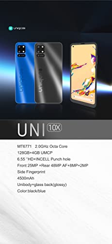 Uniqcell UNI 10X | Android Cell Phone | 6.55" HD+INCELL Punch Hole | Dual Sim | 128GB of Storage | Side Fingerprint (Blue)