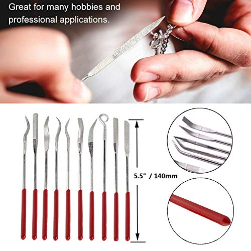Yakamoz 10 Pcs Assorted Mini Diamond File Set Flat Needle Square Round Shape Rifler Files for Metal Jewelers Glass Wood Carving Craft Handy Curved Files Tool - 3x140mm