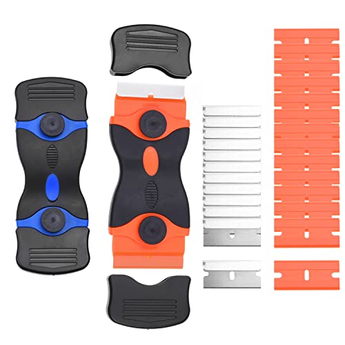 Kare & Kind 2x Double-Edged Razor Scraper - Plastic and Metal Edges - Scrape Stickers, Labels - Clean Cooktops, Walls, Glass, Windows - Includes 24x Plastic Blades, 12x Metal Blades - (Orange/Blue)