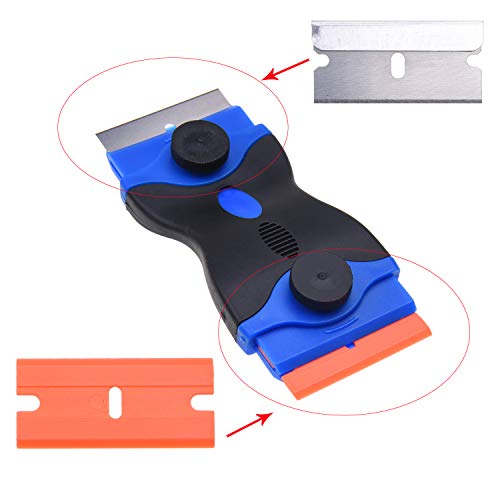 Kare & Kind 2x Double-Edged Razor Scraper - Plastic and Metal Edges - Scrape Stickers, Labels - Clean Cooktops, Walls, Glass, Windows - Includes 24x Plastic Blades, 12x Metal Blades - (Orange/Blue)