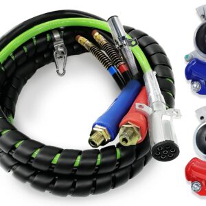 Torque 12ft 3 in 1 ABS & Air Power Line Hose Kit Airline Air Hose with Glad Hands Wrap 7 Way Electrical Cable with Handle Grip & Gladhands for Semi Truck Trailer Tractor (TR813212)