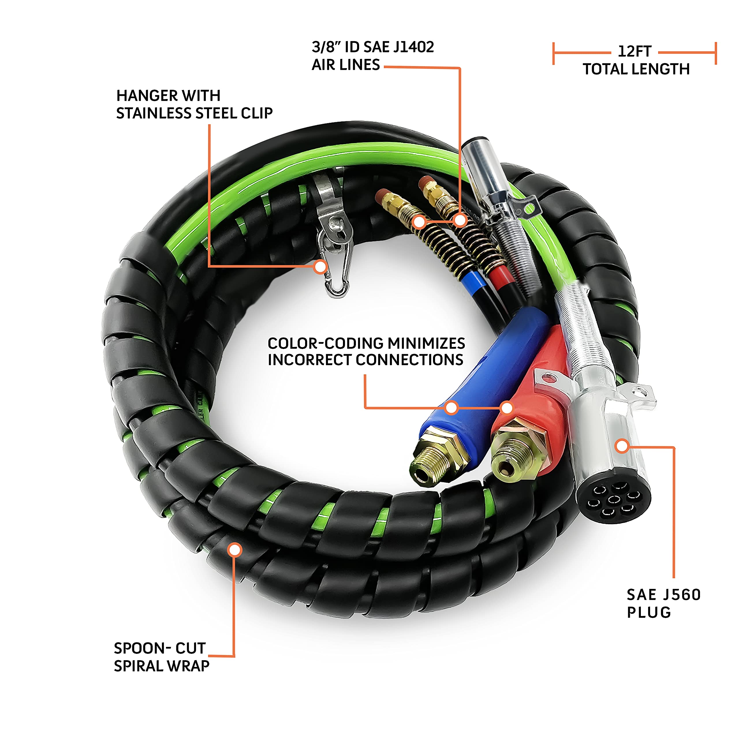 Torque 12ft 3 in 1 ABS & Air Power Line Hose Kit Airline Air Hose with Glad Hands Wrap 7 Way Electrical Cable with Handle Grip & Gladhands for Semi Truck Trailer Tractor (TR813212)