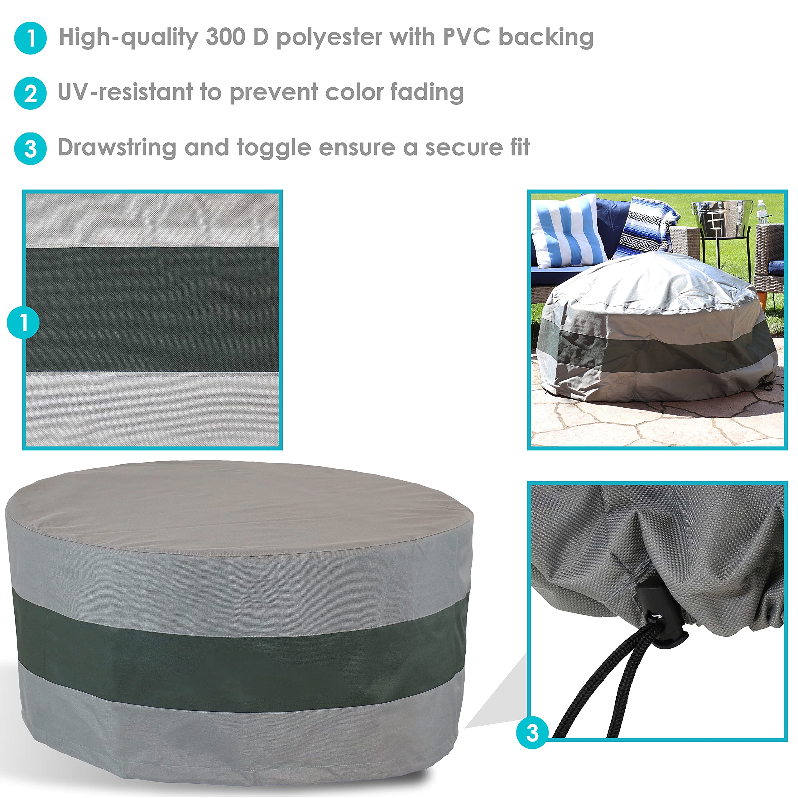 Sunnydaze 2-Tone Round Outdoor Fire Pit Cover - Heavy-Duty 300D Polyester with Drawstring - Gray/Green - 48-Inch x 18-Inch