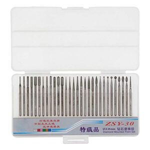 Yakamoz 30Pcs 2.35mm Shank Titanium-Coated Diamond Burrs Set Rotary File Burs Accessories Kit for Rotary Grinder Tools Grinding Polishing Carving Stone Jewelry Glass Ceramics