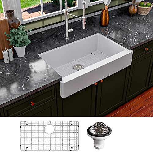 Karran QAR-740 Retrofit Farmhouse/Apron-Front Quartz Composite 34 in. Single Bowl Kitchen Sink Kit in White