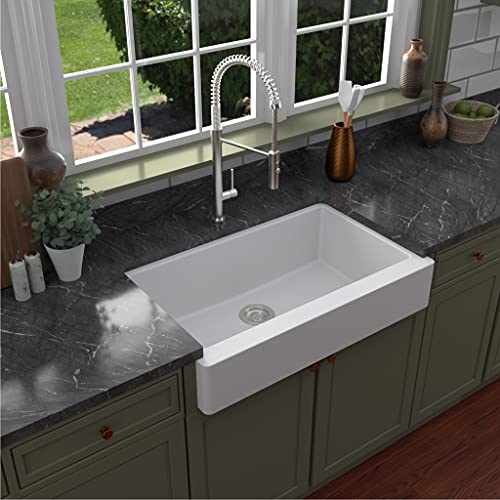 Karran QAR-740 Retrofit Farmhouse/Apron-Front Quartz Composite 34 in. Single Bowl Kitchen Sink Kit in White