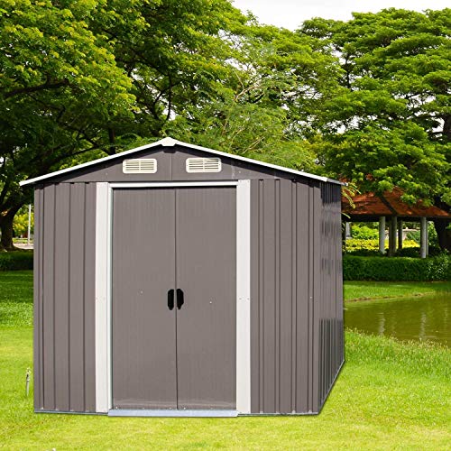 Galvanized Steel Patio Storage Shed Utility Tool Storage Shed Outdoor House for Backyard Garden Lawn(6'x4')