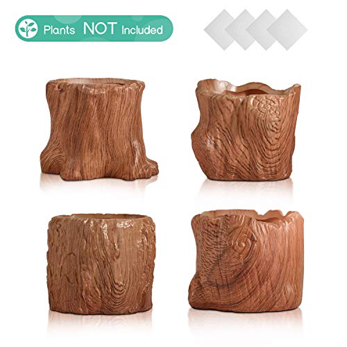 T4U Ceramic Succulent Pots Tree Stump Collection Set of 4, Imitation Wood Grain Small Planter Pot with Drainage, Brown Porcelain Herbs Cactus Bonsai Container for Home and Office Decoration