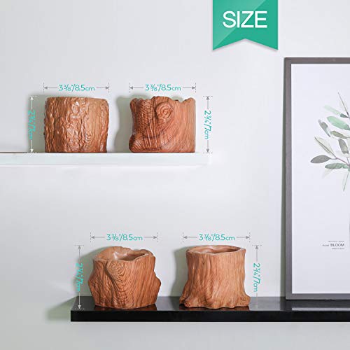 T4U Ceramic Succulent Pots Tree Stump Collection Set of 4, Imitation Wood Grain Small Planter Pot with Drainage, Brown Porcelain Herbs Cactus Bonsai Container for Home and Office Decoration