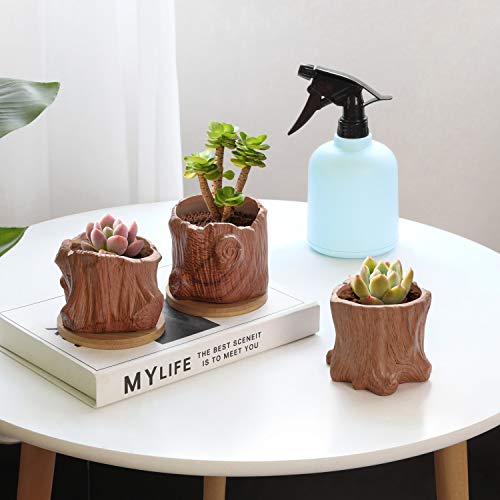 T4U Ceramic Succulent Pots Tree Stump Collection Set of 4, Imitation Wood Grain Small Planter Pot with Drainage, Brown Porcelain Herbs Cactus Bonsai Container for Home and Office Decoration