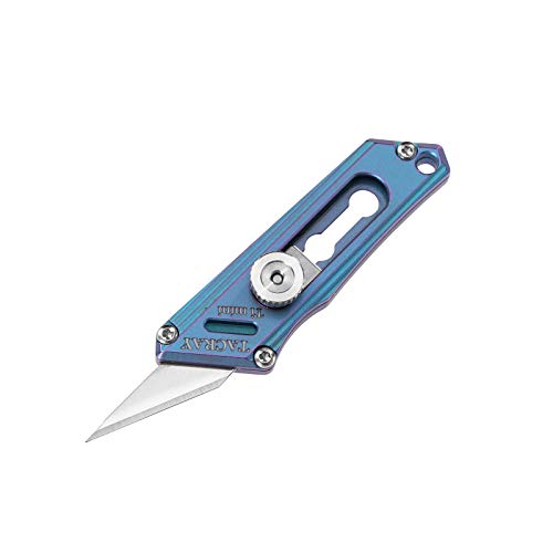 TACRAY Titanium Utility Mini Knife, Small Box Cutter with Retractable and Replaceable Blade for Multiple Cutting Tasks and EDC, comes with 2pcs of extra blades for replacement (Blue)