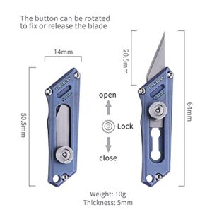 TACRAY Titanium Utility Mini Knife, Small Box Cutter with Retractable and Replaceable Blade for Multiple Cutting Tasks and EDC, comes with 2pcs of extra blades for replacement (Blue)