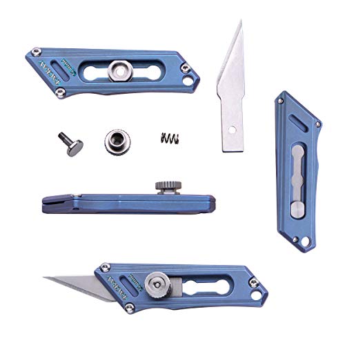 TACRAY Titanium Utility Mini Knife, Small Box Cutter with Retractable and Replaceable Blade for Multiple Cutting Tasks and EDC, comes with 2pcs of extra blades for replacement (Blue)