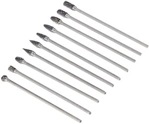 yakamoz 10pcs 3mm (1/8") shank long double cut tungsten carbide burrs rotary files diamond burs bit set for die grinder rotary tool, 4-inch length
