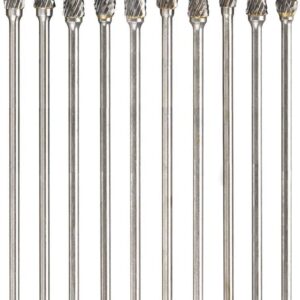 Yakamoz 10Pcs 3mm (1/8") Shank Long Double Cut Tungsten Carbide Burrs Rotary Files Diamond Burs Bit Set for Die Grinder Rotary Tool, 4-Inch Length