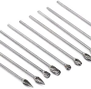 Yakamoz 10Pcs 3mm (1/8") Shank Long Double Cut Tungsten Carbide Burrs Rotary Files Diamond Burs Bit Set for Die Grinder Rotary Tool, 4-Inch Length