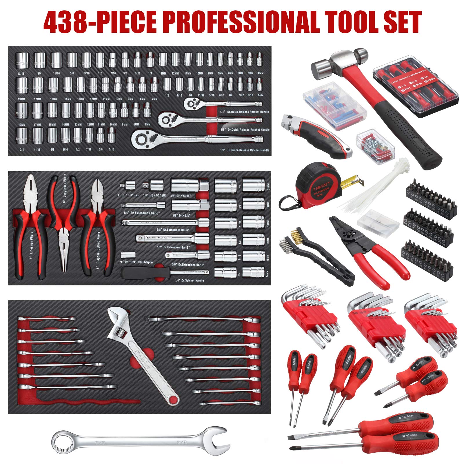 ARUCMIN 438-Piece Mechanics Tool Set with 3-Drawer Heavy Duty Metal Box Repair Tool Kit