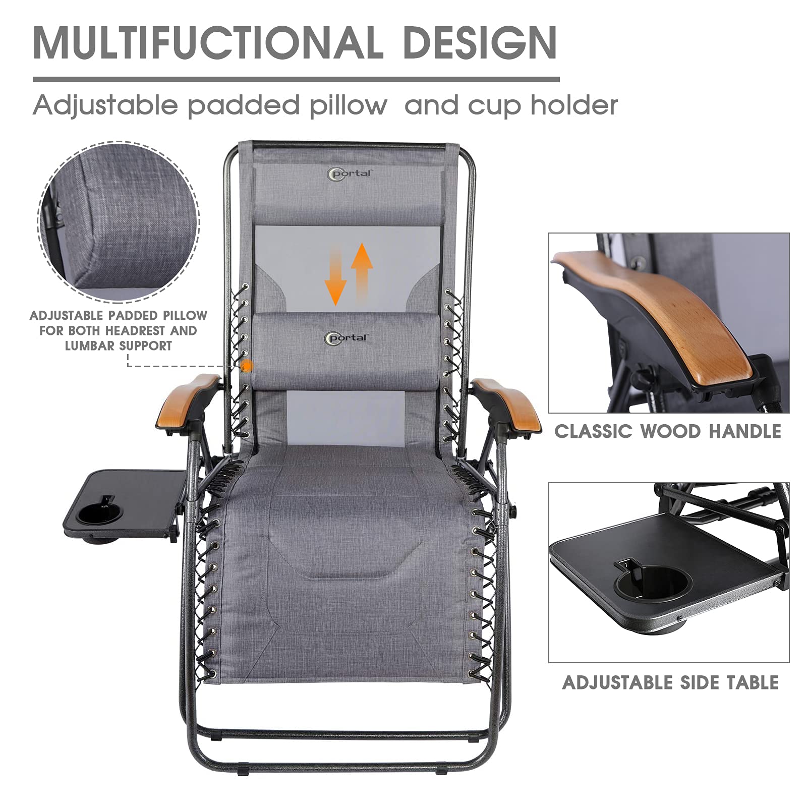 PORTAL Zero Gravity Chair, Oversized, Grey-1 Pack