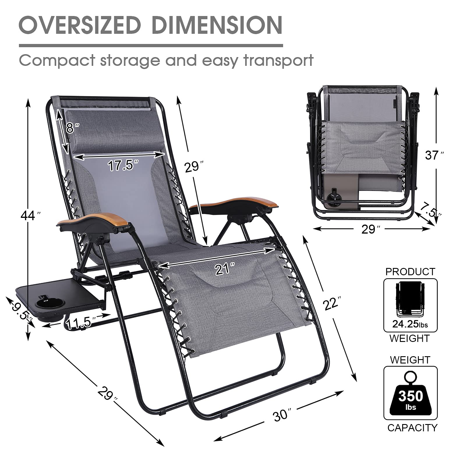 PORTAL Zero Gravity Chair, Oversized, Grey-1 Pack