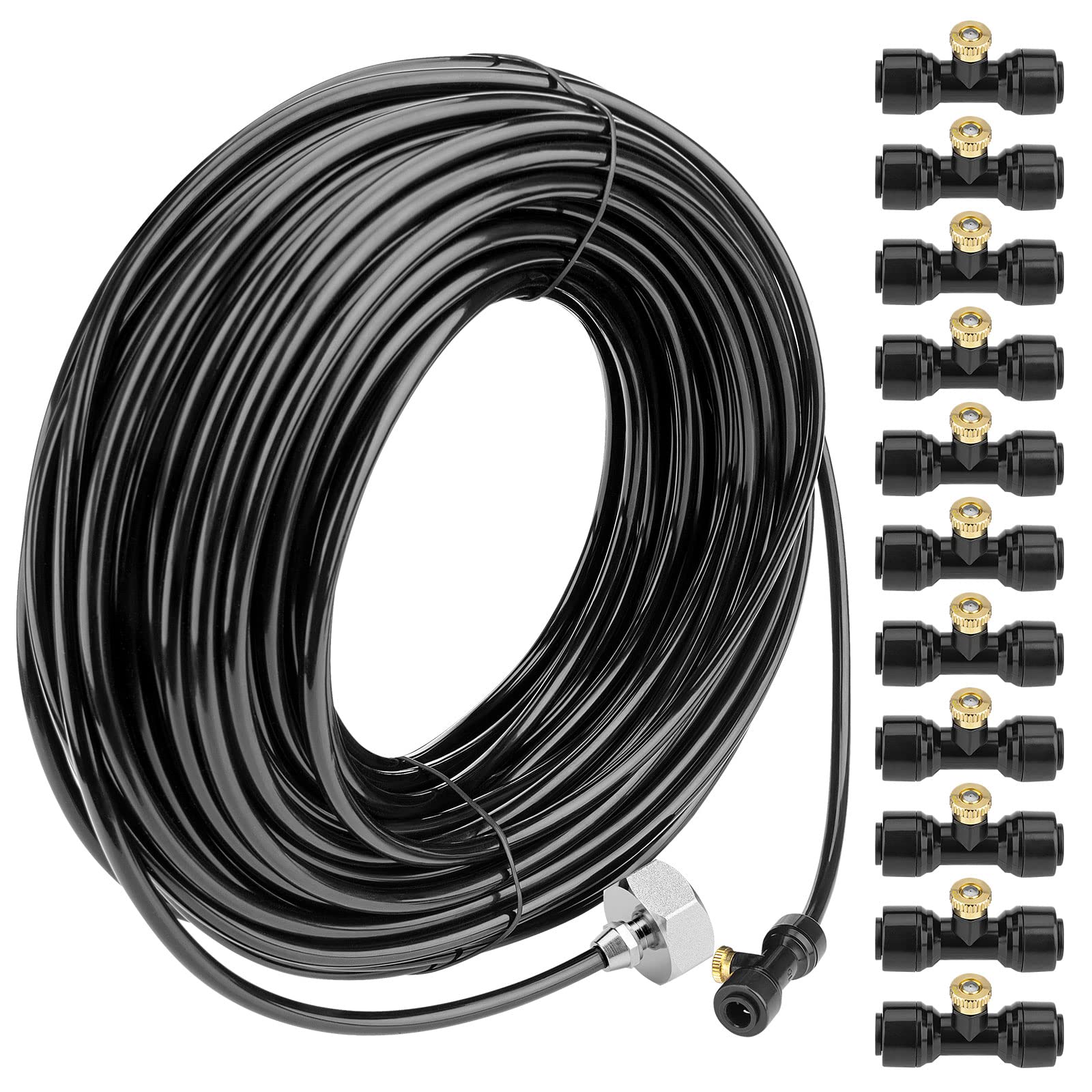 Misting Cooling System 98.4FT (30M) Misting Line + 50 Brass Mist Nozzles + 45 T-Connectors + 1 Faucet Adapters (3/4") Outdoor Mister for Patio Garden Greenhouse Trampoline for Waterpark