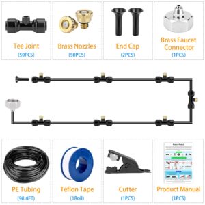 Misting Cooling System 98.4FT (30M) Misting Line + 50 Brass Mist Nozzles + 45 T-Connectors + 1 Faucet Adapters (3/4") Outdoor Mister for Patio Garden Greenhouse Trampoline for Waterpark