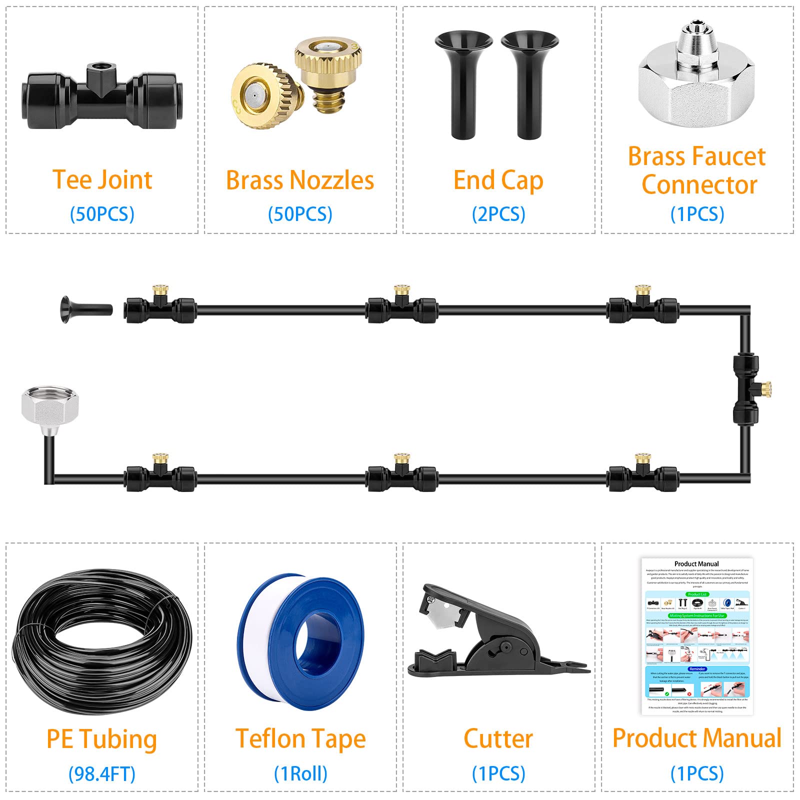 Misting Cooling System 98.4FT (30M) Misting Line + 50 Brass Mist Nozzles + 45 T-Connectors + 1 Faucet Adapters (3/4") Outdoor Mister for Patio Garden Greenhouse Trampoline for Waterpark