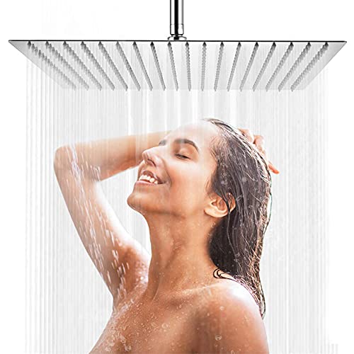 AWARA 16 Inch Rain Shower Head, Square Ultra Thin 304 Stainless Steel High Pressure Shower Head, Large Chrome Polish Rainfall Shower Head Full Body Coverage Modern Waterfall Shower Head