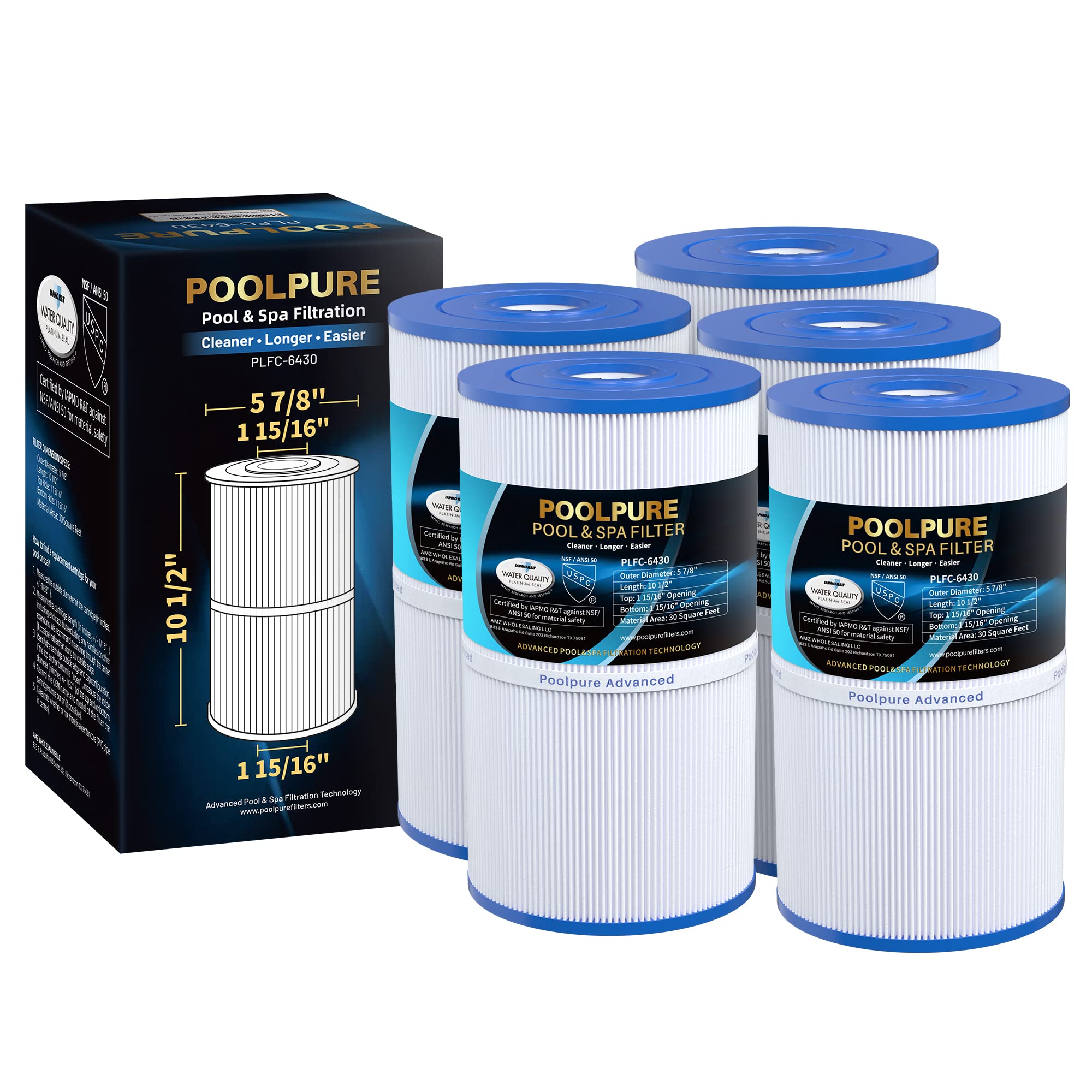 POOLPURE C-6430 Spa Filter Replaces Watkins 31489, Pleatco PWK30, Filbur FC-3915, P/N0969601, 71825, 73178, 73250, 30 sq. ft. Hot Spring Spa Filter 5 Pack