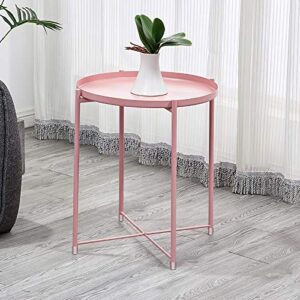 H HOMEWINS Tray Metal Round End Table,Pink Folding Small Side Table Outdoor & Indoor Accent Coffee Table for Small Spaces,Bedroom,Patio