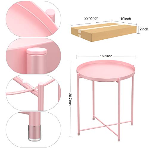 H HOMEWINS Tray Metal Round End Table,Pink Folding Small Side Table Outdoor & Indoor Accent Coffee Table for Small Spaces,Bedroom,Patio