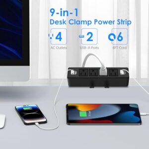 4 Outlet Desk Clamp Power Strip with USB Ports,Removable Desk Edge Mount Power Strip,4 USB Ports,Clamp on Desk Power Station,6ft Cord,Fit 1.7" Tabletop