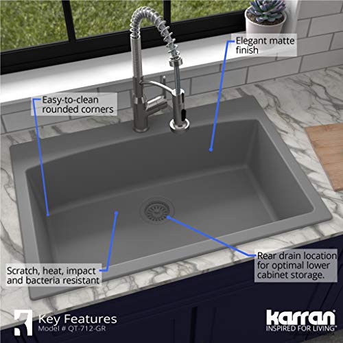 Karran QT-712 Drop-In Quartz Composite 33 in. 1-Hole Single Bowl Kitchen Sink Kit in Grey