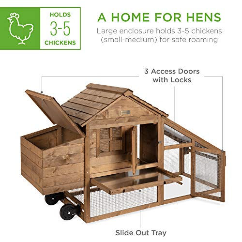 Best Choice Products 71in Mobile Fir Wood Chicken Coop Hen House Poultry Cage for 3-5 Hens, Outdoor, Animal Care w/Wheels, 2 Doors, Nest Box, Removable Tray, UV Panel