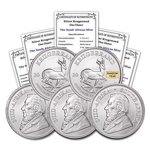 2017 - Present (Random Year) South Africa 1 oz Silver Krugerrand Lot of (5) Coins Brilliant Uncirculated with Certificates of Authenticity 1 Rand (R1) BU