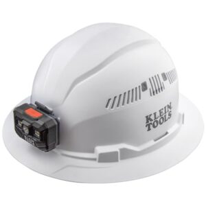 klein tools 60407rl hard hat, rechargeable headlamp, vented, full brim style, padded self-wicking odor-resistant sweatband, white