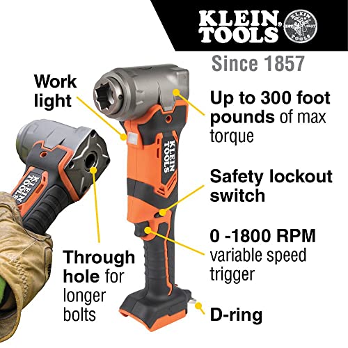 Klein Tools BAT20LW1 Right-Angle Impact Wrench Kit, 300 ft-lb, Compact and Cordless, Includes Batteries, Charger and Carrying Case