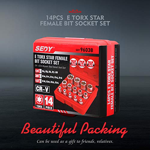 SEDY 14-Piece E-TORX Socket Set - Premium Female Torx Socket Set, Ultimate Star Socket Set, Torque Socket Set, External Torx Socket Set, E4 E5 E6 E7 E8 E10 E11 E12 E14 E16 E18 E20 E22 E24 Socket Set
