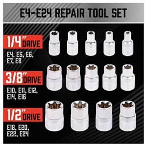 SEDY 14-Piece E-TORX Socket Set - Premium Female Torx Socket Set, Ultimate Star Socket Set, Torque Socket Set, External Torx Socket Set, E4 E5 E6 E7 E8 E10 E11 E12 E14 E16 E18 E20 E22 E24 Socket Set