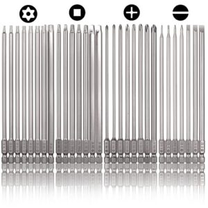 30 pcs long magnetic screwdriver bit set 4 inch, mixiflor 1/4 inch hex shank s2 steel magnetic 4 inch long drill bits with storage box(slotted+cross+square +torx)