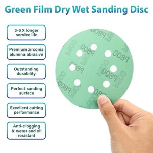 LotFancy 5 Inch 8 Hole Sanding Discs - 60PCS 400 600 800 1000 1500 2000 Grit Wet Dry Sandpaper Fine Grit Assortment, Green Film Backed, Hook and Loop Random Orbital Sander Sand Paper