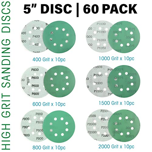 LotFancy 5 Inch 8 Hole Sanding Discs - 60PCS 400 600 800 1000 1500 2000 Grit Wet Dry Sandpaper Fine Grit Assortment, Green Film Backed, Hook and Loop Random Orbital Sander Sand Paper