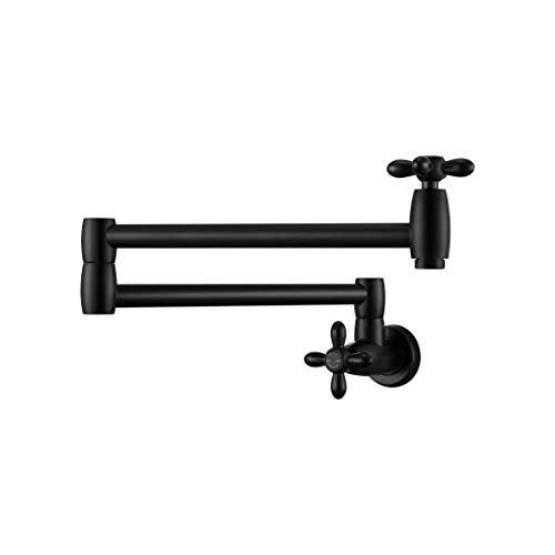 KRUZOO Pot Filler Kitchen Faucet Solid Brass Folding Wall Mount Stretchable Double Joint Swing Arm Single Hole 2 Handles Extending Arm，Matte Black