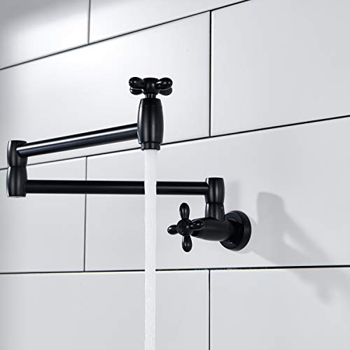 KRUZOO Pot Filler Kitchen Faucet Solid Brass Folding Wall Mount Stretchable Double Joint Swing Arm Single Hole 2 Handles Extending Arm，Matte Black